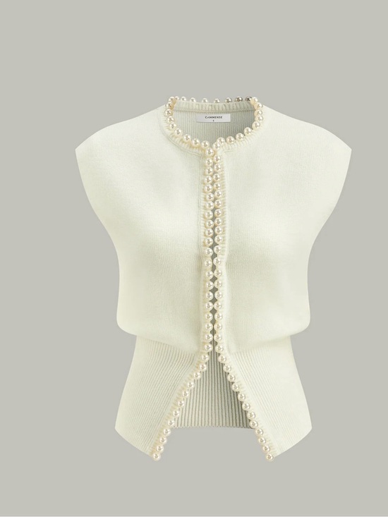 Commense Tops - Commense Pearl- Decor Cap Sleeve Cardigan - White - Large